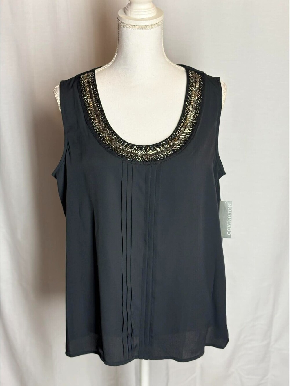 Covington Black Beaded Scoop Neck Sleeveless Blouse Top Women Extra Large NWT